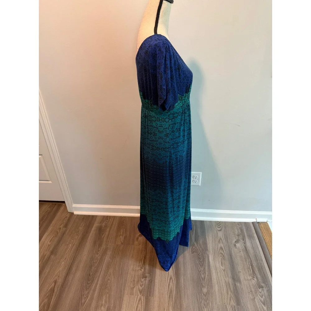Soma Blue Teal Medallion Print Maxi Dress V-Neck Empire Waist size Medium